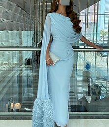 cheap -Sheath / Column Evening Gown Elegant Dress Formal Fall Sweep / Brush Train Sleeveless Cowl Neck Chiffon with Feather Ruched Slit 2024