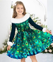 cheap -Girls' 3D Peacock Dress Long Sleeve 3D Print Fall Winter Sports & Outdoor Daily Holiday Cute Casual Beautiful Kids 3-12 Years Casual Dress Swing Dress A Line Dress Above Knee Polyester Regular Fit