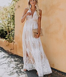 ieftine -rochie lungă de damă rochie maxi rochie albă rochie din dantelă rochie de petrecere elegantă vacanță ocazională petrecere de vacanță de zi cu zi obișnuită culoare pură fără mâneci decolteu în v alb vară primăvară