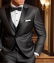 cheap -Black Men's Prom Suits Wedding Party Evening Tuxedos 3 Piece Solid Colored Peak Plus Size Tailored Fit Single Breasted One-button 2024