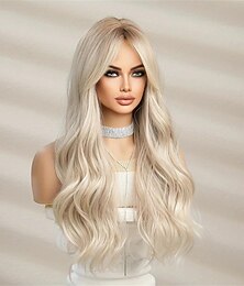 economico -parrucca sintetica parrucca riccia con parte centrale capelli lunghi sintetici biondi design femminile alla moda parrucche bionde naturali facili da trasportare per le feste di Natale