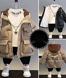 billiga -Barn Pojkar Fleece-jacka Hoodiejacka Ytterkläder Pufferjacka för barn Bokstav Långärmad Dragkedja Täcka Utomhus Bomull Förtjusande Dagligen Svart Khaki grön Vår Höst 7-13 år