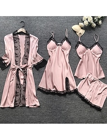 cheap -Women's Satin Silk Pajamas Sets 4 Pieces Pure Color Simple Casual Soft Home Daily Bed Satin Breathable V Wire Long Sleeve Robe Top Shorts Elastic Waist Summer Spring Black Champagne