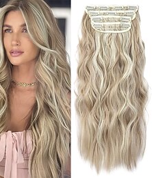 preiswerte -Clip in Natural Hair Extensions Long Wavy 4PCS Thick Hairpieces Dark Ash Blonde Mixed Bleach Blonde Double Weft Synthetic 20 Inch for Women