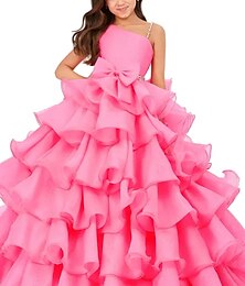 economico -Abito da bambina fiorista lungo abito per pagliaccio e performance vestito prom carino chiffon con fiocco/i a strati plissettato adatto per 3-16 anni per impressionare
