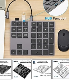 billiga -aluminiumlegering bluetooth trådlös numerisk knappsats med usb-hub digital ingångsfunktion för windowsmac osandroid bärbar dator