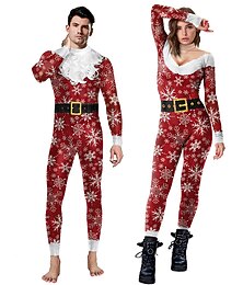 abordables -Papá Noel Mrs.Claus Monos Hombre Mujer Navidad Mascarada Nochebuena Trajes a juego para la familia Adulto Fiesta Navidad Pijama Mono