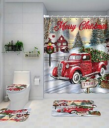 preiswerte -Weihnachtsauto-Schneemann-Muster-Duschvorhang, Duschvorhang mit 12 Haken, Badezimmerteppich, Toiletten-U-förmige Matte, Toilettendeckel-Abdeckpolster, Badezimmerdekoration, Weihnachtsdekorationen