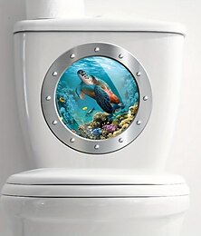 cheap -1pc 3D Turtle Toilet Sticker, Undersea Fake Submarine Window Pattern, Self-Adhesive Toilet Lid Decals