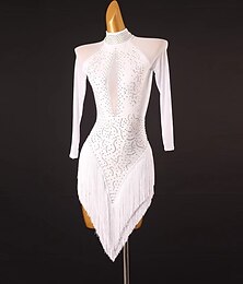 お買い得  -ダンス サルサ ラテン ダンス ドレス タッセル ピュア カラー スプライシング女性のパフォーマンス トレーニング長袖チンロン メッシュ スパンデックス