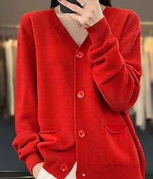 cheap -Women's Cardigan Sweater Jacket V Neck Ribbed Knit Acrylic Button Knitted Fall Winter Regular Outdoor Valentine's Day Daily Fashion Streetwear Casual Long Sleeve Solid Color Black Pink Red S M L