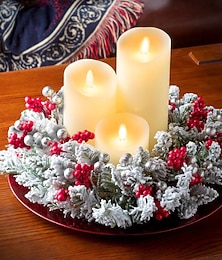 abordables -Guirlande de bougies de Noël anneaux floqués fruits rouges guirlande de bougeoirs baies artificielles anneaux de bougies avec pommes de pin mini couronnes pièce maîtresse de Noël pour table (sans