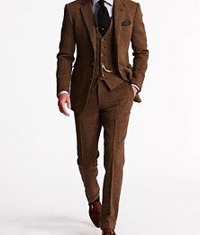 cheap -Men's Tweed Herringbone Suits 3 Piece Vintage Retro Plus Size Solid Colored Tailored Fit Single Breasted Two-buttons Brown Burgundy Dark Navy Green Fall/Winter 2024