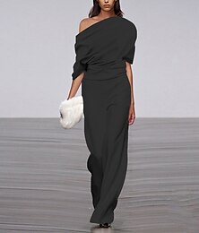 abordables -Mujer Normal Mono Formal Color sólido Media Manga Mangas raglanes Corte Recto Fiesta Oficina Ajuste regular Negro Blanco Otoño