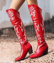cheap -Women's Boots Cowboy Boots Party Embroidered Over The Knee Boots Thigh High Boots Winter Embroidery Chunky Heel Pointed Toe Bohemia PU Zipper Pink Red Brown