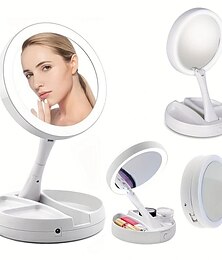 economico -Specchio per il trucco pieghevole 1 pezzo con organizer per scatola portaoggetti con luce a LED, bifacciale 1x & Specchio retrattile ingranditore 10x per tavolo, toeletta, cosmetici