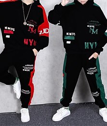 economico -2 pezzi Bambino Da ragazzo Felpa con cappuccio e pantaloni Vestito Pop art Alfabetico Manica lunga Tasche Impostare Esterno Di tendenza Fantastico Primavera Autunno 7-13 anni Nero Verde scuro