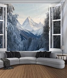 economico -Finestra Neve Montagna Appeso Arazzo Arte Della Parete Grande Arazzo Decorazione Murale Fotografia Sfondo Coperta Tenda Casa Camera Da Letto Soggiorno Decorazione