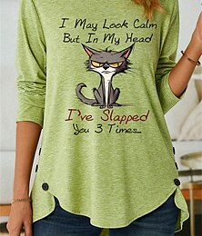 cheap -Women's T shirt Tee Cat Letter Weekend White Pink Green Print Long Sleeve Festival / Holiday Funny Round Neck Regular Fit Spring &  Fall