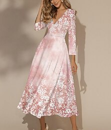 economico -Per donna Vestito longuette Vestito svasato Abito semi formale Abito linea A Abito stampato Di tendenza Streetwear Moderno Formale Esterno Da mare Standard Floreale Manica a 3/4 A V Rosa Autunno