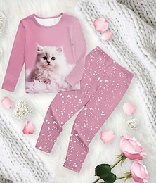 voordelige -Voor meisjes 3D Kat Pyjamaset Roze Lange mouw 3D-afdrukken Herfst Winter Actief Modieus leuke Style Polyester Kinderen 3-12 jaar Strakke ronde hals Huis Causaal Voor Binnen Normale pasvorm