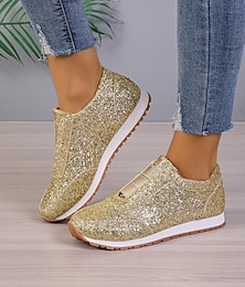 cheap -Women's Sneakers Bling Bling Shoes Plus Size Platform Sneakers Outdoor Daily Summer Sparkling Glitter Flat Heel Round Toe Fashion Sporty Casual Walking PU Lace-up Silver Black Gold