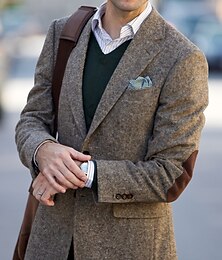 economico -giacca blazer in tweed a spina di pesce da uomo vintage taglie forti vestibilità regolare monopetto due bottoni verde cachi