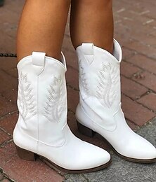 abordables -bottes de cowboy western en similicuir blanc pour femmes avec détails brodés - design mi-mollet classique pour le rodéo, les festivals et les tenues décontractées