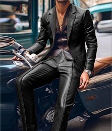 economico -Completi da festa da uomo in pelle PU nera e marrone casual in tinta unita taglio su misura 2 pezzi monopetto con due bottoni