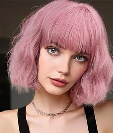 abordables -Perruque rose avec frange courte bob ondulée rose pastel perruques pour femmes bouclées longueur d'épaule bob synthétique perruques d'aspect naturel pour les filles usage quotidien