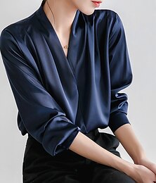 economico -Per donna Camicia Blusa Liscio Giornaliero Lavoro Maturo Manica lunga A V Top regolari Ufficio Bianco Blu marino Primavera & Autunno