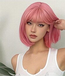 economico -parrucche per capelli corti lisci castani da 14 pollici con frangia parrucche da donna carine in fibra sintetica per la festa quotidiana di halloween uso cosplay parrucche per feste di natale