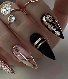 preiswerte -Schwarze Nägel zum Aufdrücken, kurzes, mittleres Stilett, künstliche Nägel für Frauen mit goldenem Glitzer-Bling-Design, Acryl-Kleber auf den Nägeln, künstliche Nägel zum Aufdrücken, Nägel zum