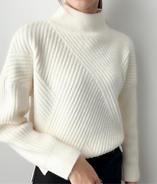 cheap -Women's Pullover Sweater Jumper Stand Collar Ribbed Knit Spandex Yarns Patchwork Split Fall Winter Regular Outdoor Daily Going out Stylish Casual Soft Long Sleeve Solid Color Black White Yellow