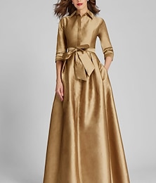 ieftine -Rochie de seară A-Line champagne și aur rochie minimalistă formală pentru invitat la nuntă lungime până la podea mânecă 3/4 guler de cămașă satin cu fundițe pliseuri