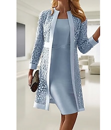 cheap -Women's Lace Dress Dress Set Midi Dress Purple Pink Yellow Light Blue Gray Long Sleeve Pure Color Lace Hollow Out Spring Fall Crew Neck Elegant Party Spring Dress