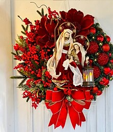 economico -ghirlanda sacra natalizia con luci, eleganti ghirlande natalizie rosse di Gesù, decorazioni natalizie, ghirlanda natalizia da esterno, ghirlanda artificiale floccata con decorazioni miste per portico