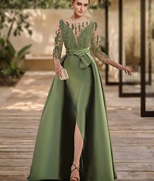 abordables -Robe de soirée A-Line dos nu robe formelle invitée à un mariage longueur sol manches 3/4 décolleté arrondi dentelle avec fente bretelles 2025