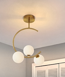 billige -gull semi-innfelt taklampe, gull taklampe fra midten av århundret, takmontering med 3 frostet glassskjermer, globus taklampe for gang kjøkken soverom 110-240v