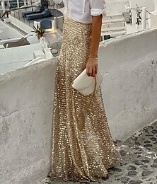abordables -Mujer Falda brillante Maxi Faldas Color sólido Brillante Fiesta Otoño invierno Poliéster Elegante Lentejuelas Oro