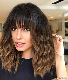 cheap -Short Wavy Wig with Bangs for Women Shoulder Length Bob Curly Women‘s Charming Synthetic Wigs with Natural Wavy Black To Brown Heat Resistant Hair for Daily Party Use Christmas Party Wigs