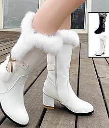 baratos -botas femininas de cano médio com acabamento em pele sintética branca, zíper lateral, pingente de borla e salto bloco para moda de inverno e uso ao ar livre