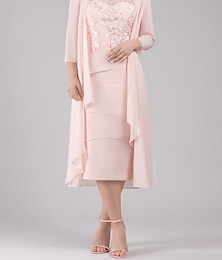 economico -Vestito a tubino per madre della sposa invitata al matrimonio elegante petite collo a barchetta lunghezza tè chiffon manica 3/4 con livello in pizzo taglia personalizzata gratuita