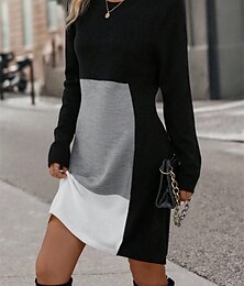 preiswerte -Damen Sweatshirtkleid Mini Kleid Lässiges Kleid Warm Aktiv Outdoor Party Street Crew Neck Print Geometrisch Farbblock Reguläre Passform Schwarz Pink Rot S M L XL XXL