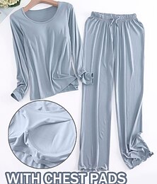 billiga -pyjamasset för kvinnor ren färg avslappnad komfort hem säng modal andas rund hals långärmad skjorta byxa höst vinter hem outfits