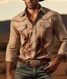 baratos -Totem Casual western style Men's Shirt Cowboy Shirt Outdoor Street Casual Daily Fall & Winter Turndown Long Sleeve Black Ivory Blue S M L Shirt