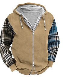 baratos -Homens Moletom com zíper Moletom com zíper completo Verde Tropa Azul Marinha Cáqui Cinzento Escuro Com Capuz Xadrez Zip Up Patchwork Desportos e Ar livre Diário Feriado Poliéster Roupa de rua Legal