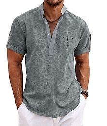 baratos -Homens Camisa Social Estampas Abstratas Cruz Colarinho Chinês Rosa Azul Verde Cáqui Cinzento Ao ar livre Rua Manga Curta Imprimir Roupa Moda Roupa de rua Designer Casual