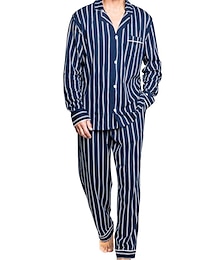 economico -Per uomo loungewear Pigiami Set pigiama Top e pantalone del pigiama 2 pezzi Banda Moda Informale Comoda Interni Giornaliero Misto cotone Comfort Bavero Manica lunga Camicia Pantalone A cordoncino