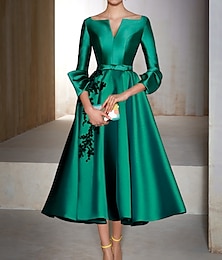 cheap -A-Line Cocktail Dresses Elegant Dress Red Green Dress Wedding Guest Tea Length 3/4 Length Sleeve V Neck Satin with Bow(s) Appliques 2024